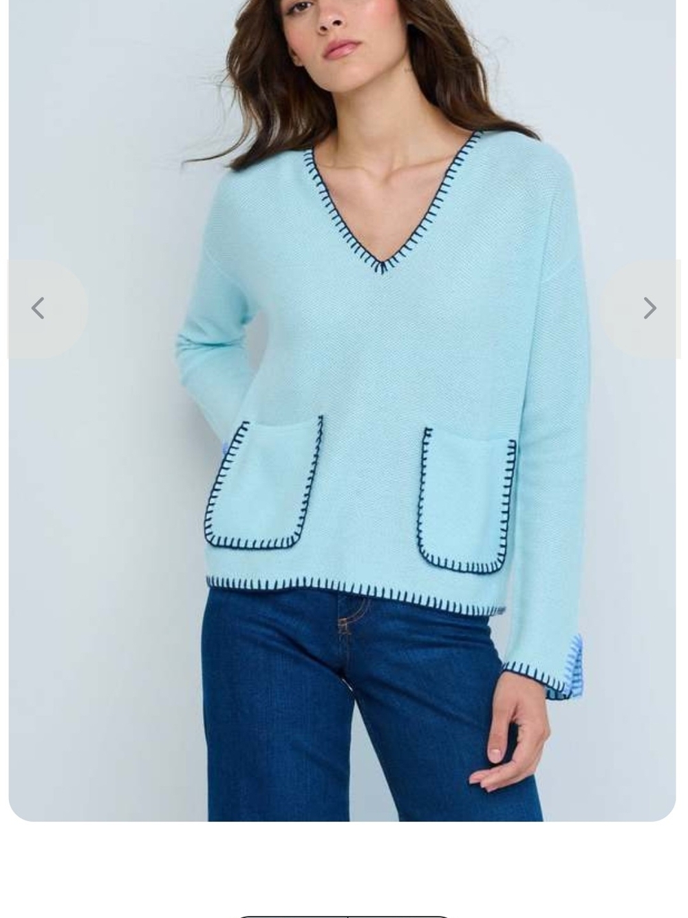 Lisa Todd Light Blue V-Neck Sweater with Navy Stitch Trim